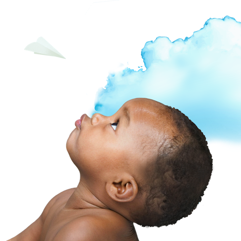 a baby looks up at a cloud and a paper airplane